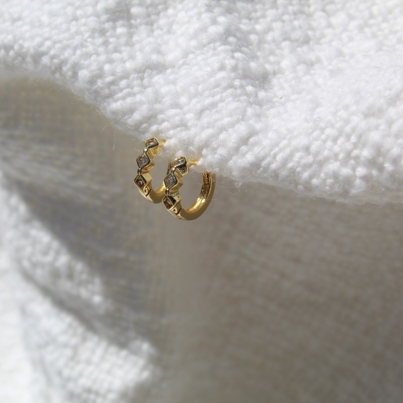 Sterling Silver Gold Huggies with Row of Diamond Shaped Simulated Diamonds - Picture 5 of 10